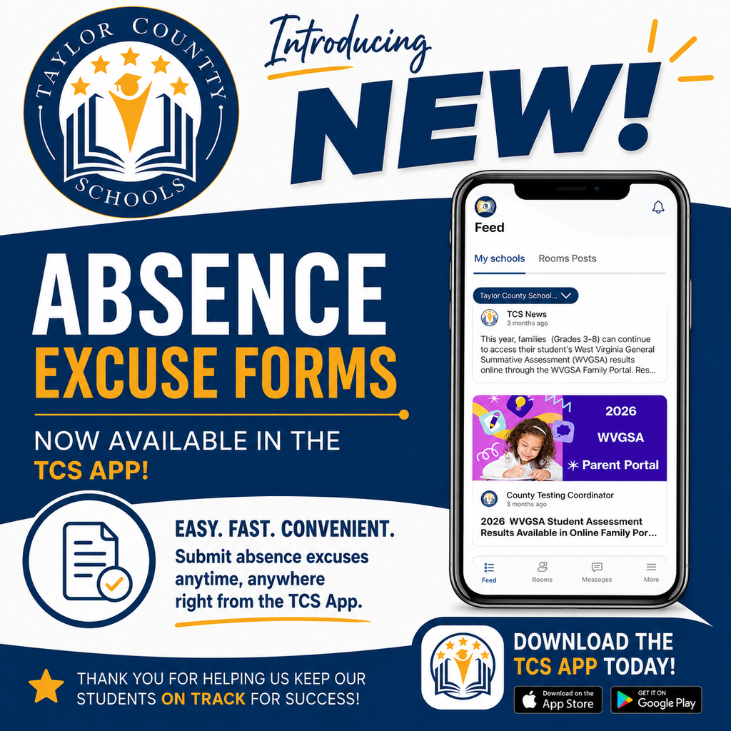 Graphic with the TCS Logo and an image with a cell phone with text that states Introducing new absence excuse forms now availible in the TCS app.  