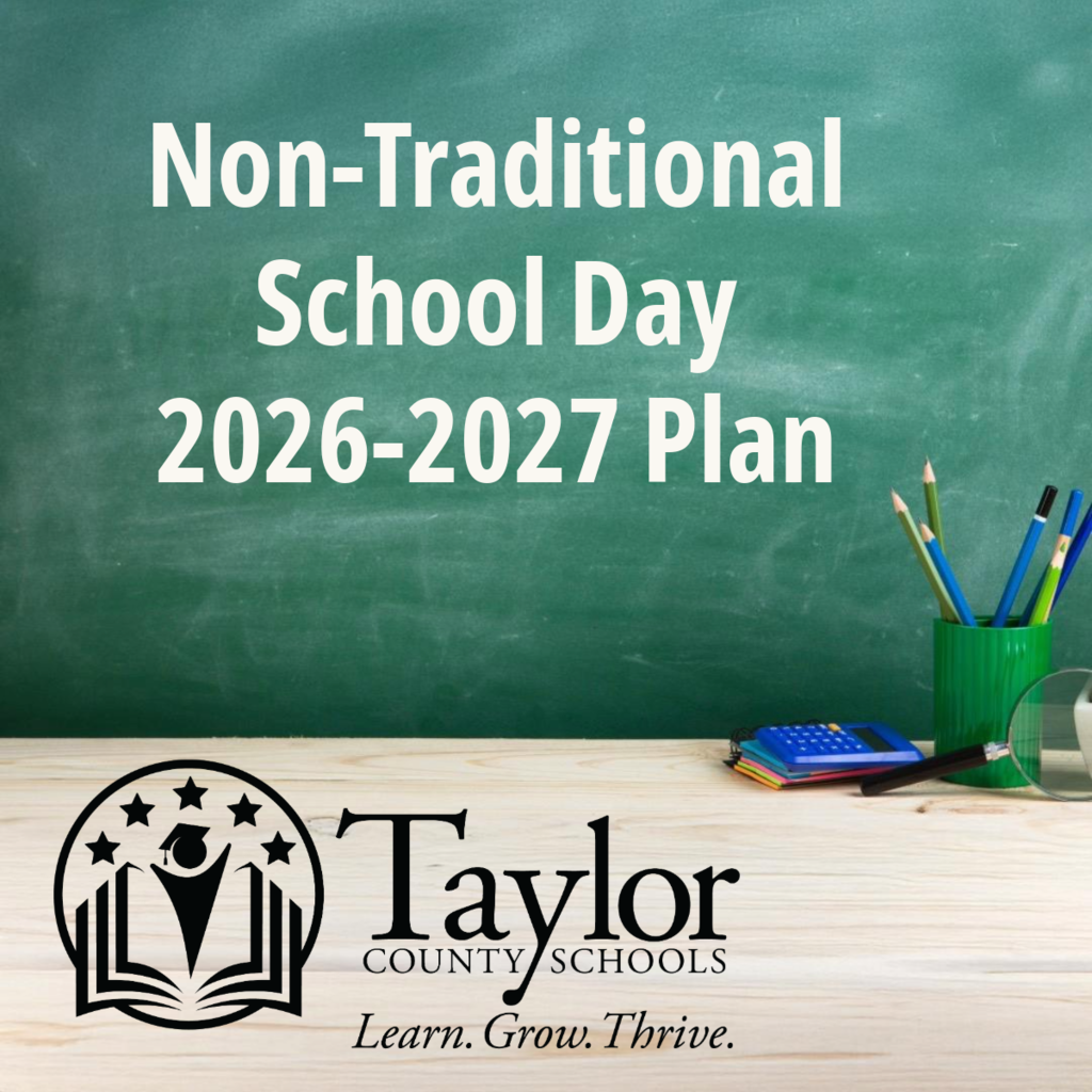 Grahic with school supplies and chalkboard background with text that states Non-Traditional School Day 2026-2027 Plan and TCS Logo