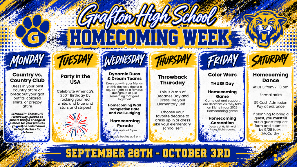 This photo describes all of the events that will occur the week of Homecoming. Every theme is described in detail and all events occurring are explained on this graphic.
