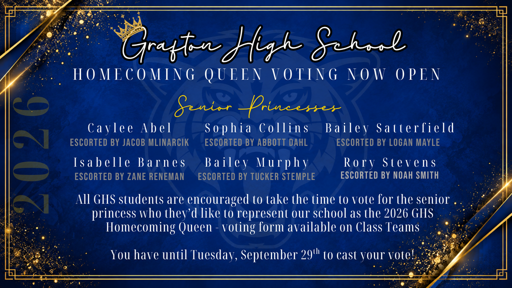 2026 Homecoming Senior Princesses and a reminder that GHS students can cast their votes until Tuesday, September 29th