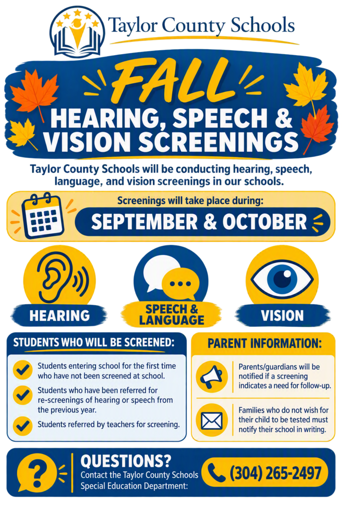 Flyer to announce hearing, speech, and vision screenings taking place in the schools in September and October