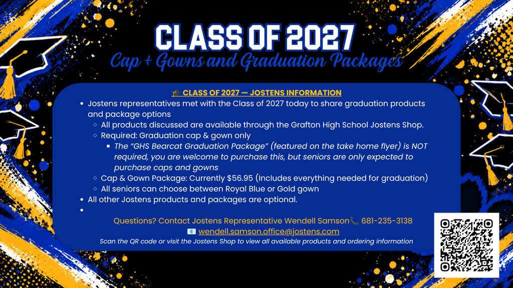 This image is a bearcat colored image that explains the different information regarding cap and gown and graduation packages offered by Jostens. It contains a QR code and information regarding purchasing graduation items.