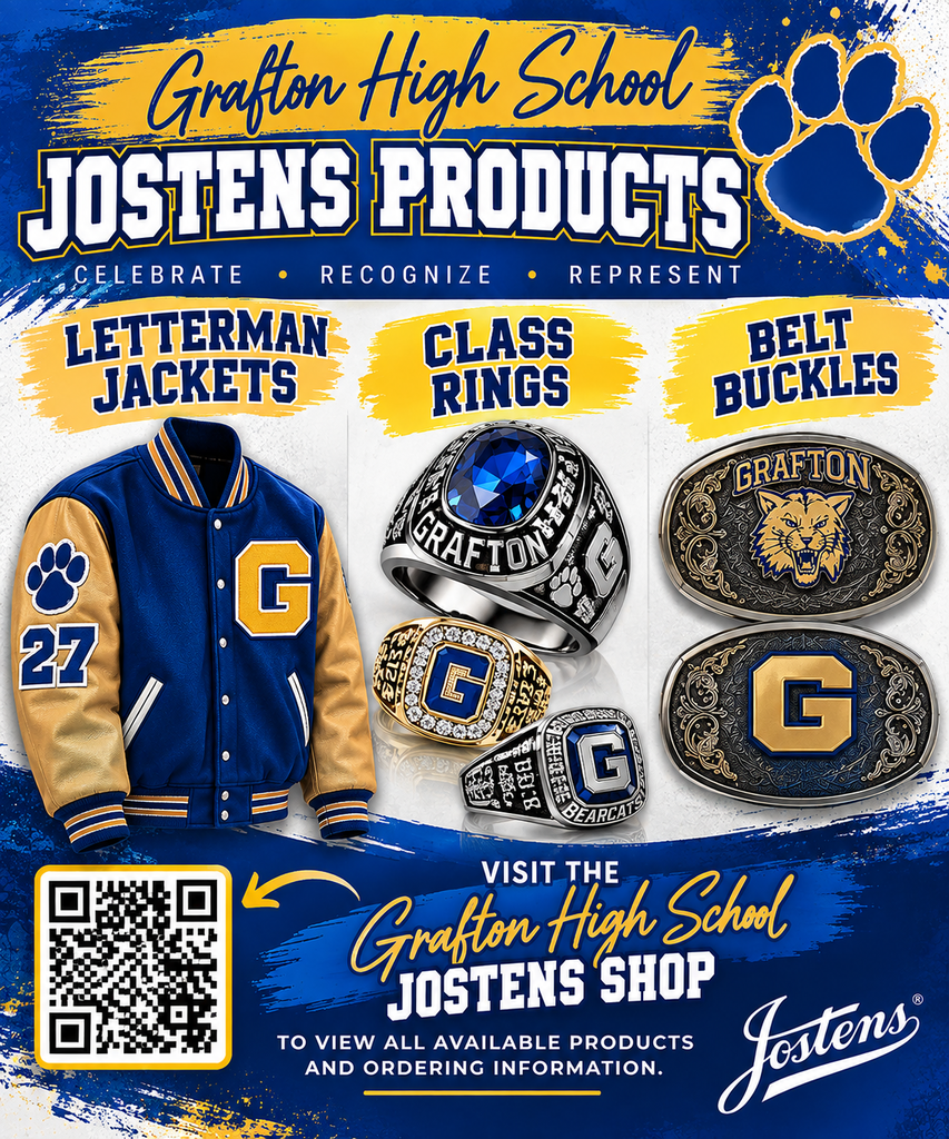 This is a bearcat themed graphic that contains a QR code for the Jostens shop that can be accessed to see graduation products, letterman jackets, class rings, etc.