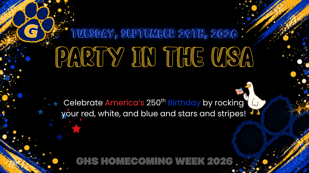 Black background with blue and gold spirit graphics. It is a reminder of each spirit day theme and details.