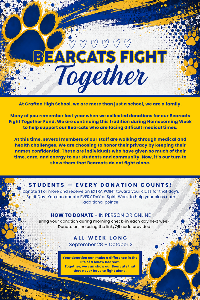 A bearcat themed graphic regarding our Bearcats Fight Together fund to help support bearcat staff facing medical challenges. It is white background, with pawprints, blue and gold around it and has hearts as well. 