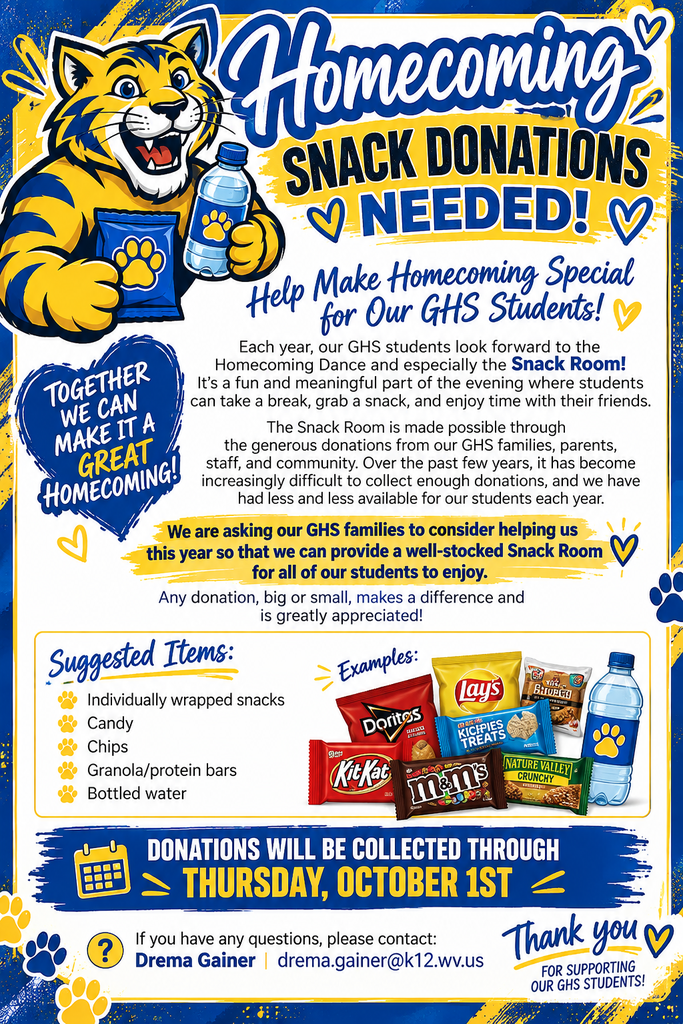 Homecoming snack donation flyer. Includes a bearcat holding a bottle of water and chips. Information requests that parents and families donate by thursday of next week. There are photos of snacks and waters, pawprints, and a note stating that we thank anyone for their donations. 