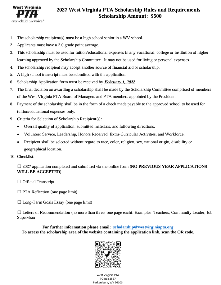 white background with a QR code for the WV PTA scholarship, it has a list of rules and requirements on it regarding the scholarship