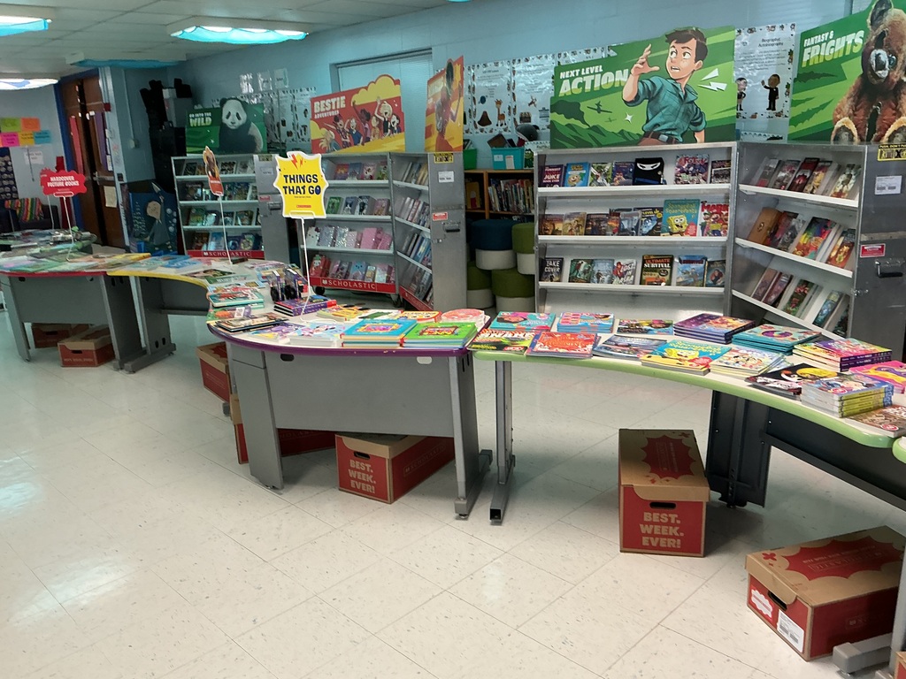 Picture of the library set up for the book fair. 
