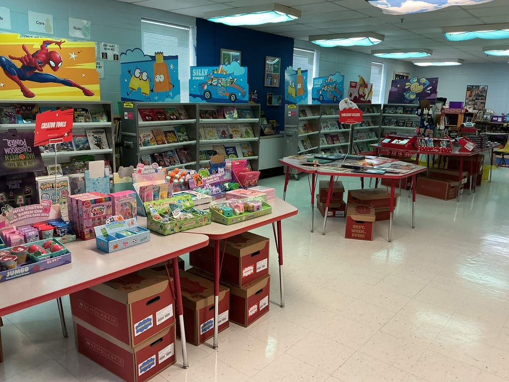 Picture of the library set up for the book fair. 