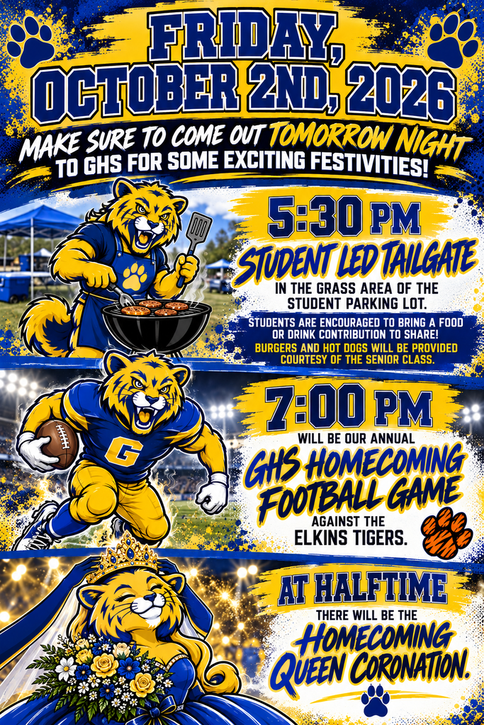This is a blue and gold flyer explaining the various activities going on tomorrow night at GHS