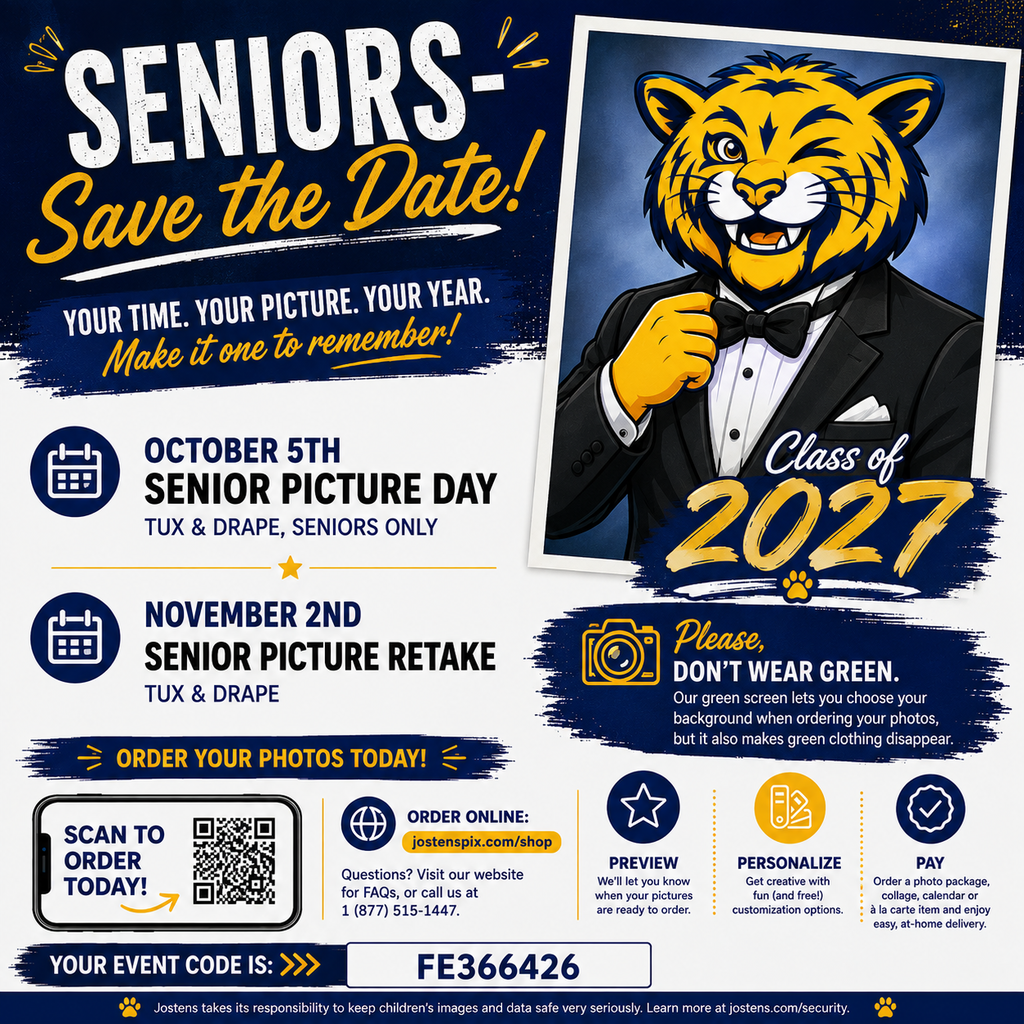 This is a flyer that states information about saving the date for seniors to be prepared to take their senior pictures this upcoming Monday.