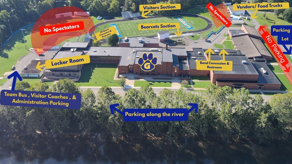 Map of GHS campus with details for parking and seating for GHS football games