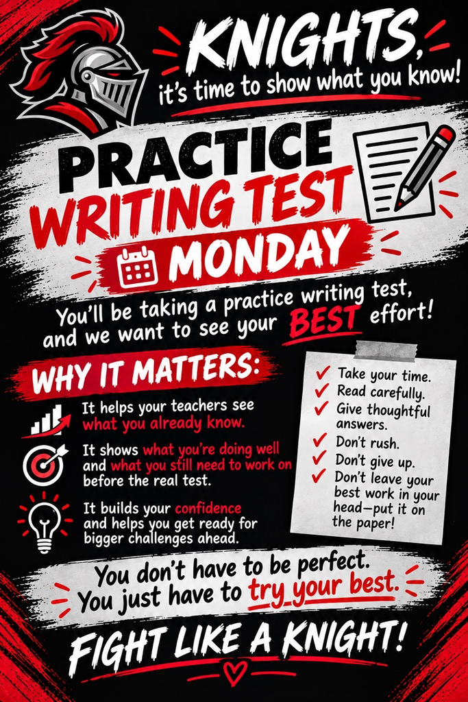 practice writing test on Monday. do you best. results impact instruction  