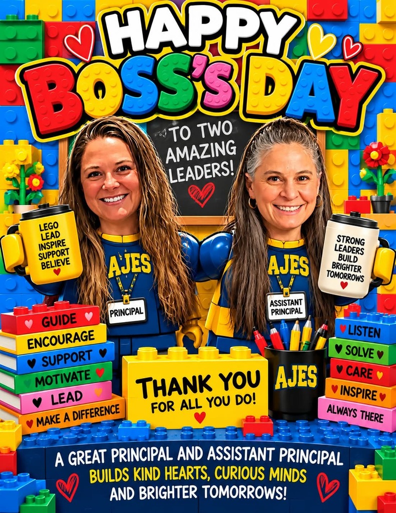 Image with a picture of Heather Sinclair and Diane Kinney with the background of Lego theme and text that states Happy Boss's Day to two amazing leaders! Lego, lead, inspire, support, believe. Strong leaders build brighter tomorrows. Guide, Encourage, Support, Motivate, Lead, Make a difference. Thank you for all you do! Listen, Solve, Care, Inspire , Always there. AJES Principal and Assistant Principal. A GREAT PRINCIPAL AND ASSISTANT PRINCIPAL BUILDS KIND HEARTS, CURIOUS MINDS AND BRIGHTER TOMORROWS!