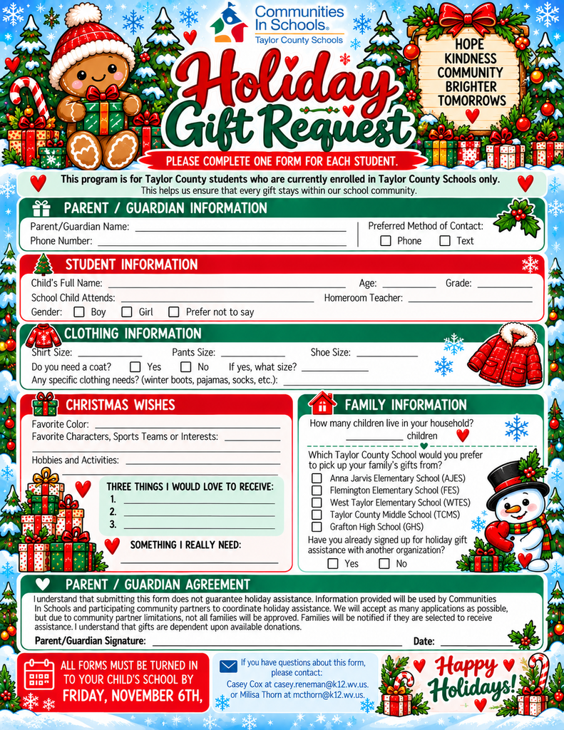 Communities in Schools Holiday Gift Request seasonal pictures in the background parent/guardian name and phone numbers, student information with name, age, grade, attending school, gender, clothing information, Christmas wishes, Family information, parent/guardian agreement stating that parent may not be chosen