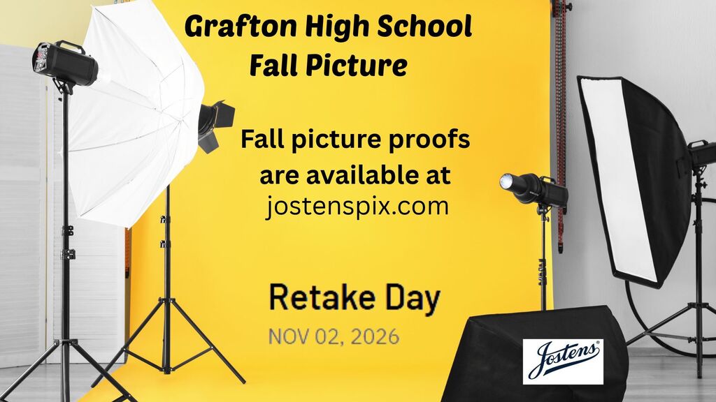 Fall picture proofs are now available through Jostens at jostenspix.com. Students and families can view and order photos online. Picture Retake Day: November 2, 2026 The graphic features a professional photography studio setup with a bright yellow backdrop, multiple studio lights, and the Jostens logo. Text announces that fall picture proofs are available online and provides the retake date.