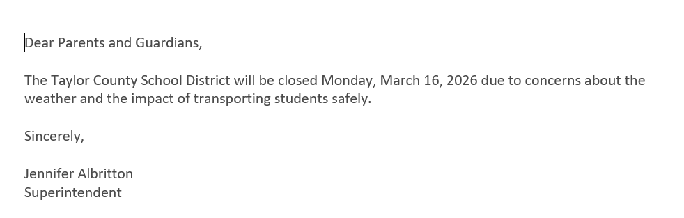 Important Announcement from the Taylor County School District