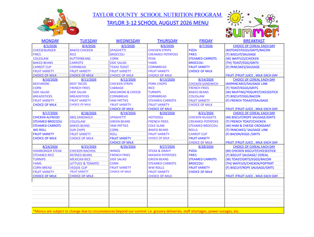 August Menu
