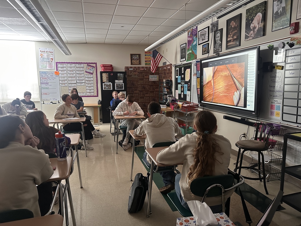8th grade students viewing procedure in Mrs. Alberssen and Ms. Graves room