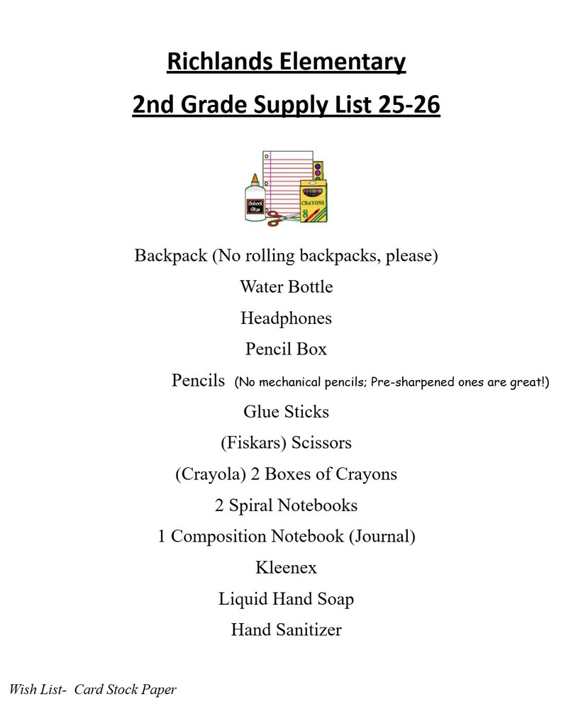 2nd Grade Supply Lists 25-26
