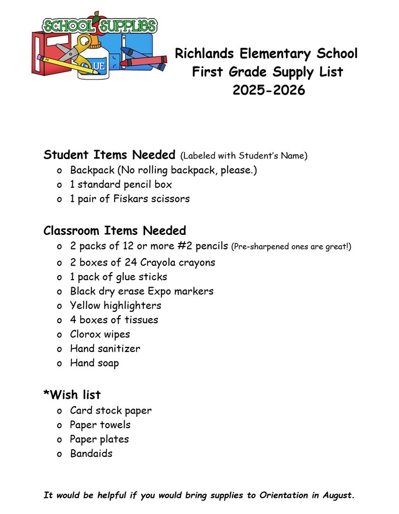 1st Grade Supply List 25-26