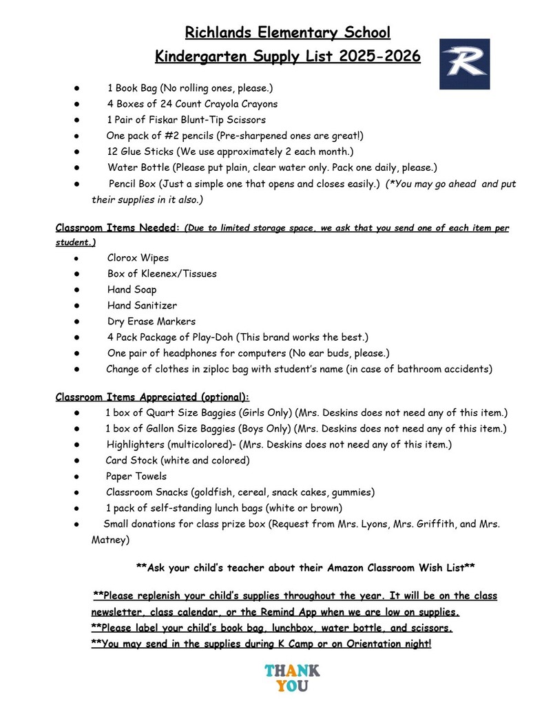 Kindergarten Supply List 25-26