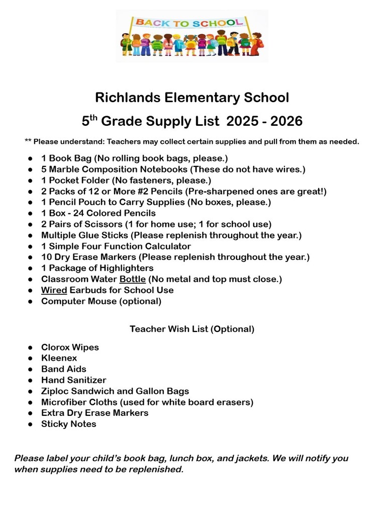5th Grade Supply List 25-26