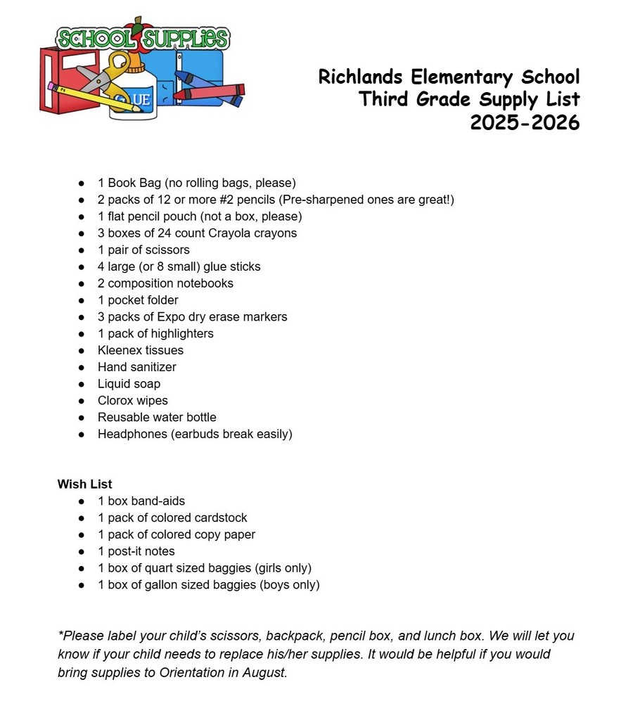 3rd Grade Supply List 25-26