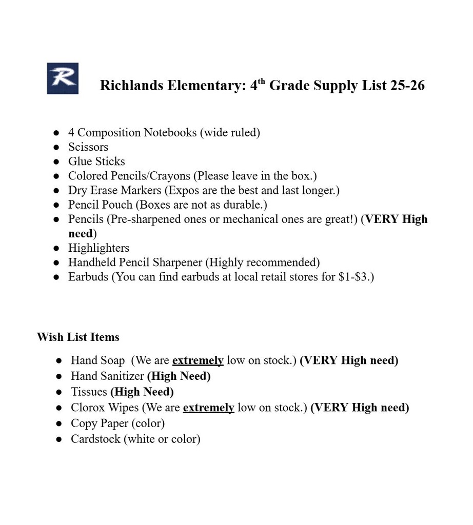 4th Grade Supply List 25-26