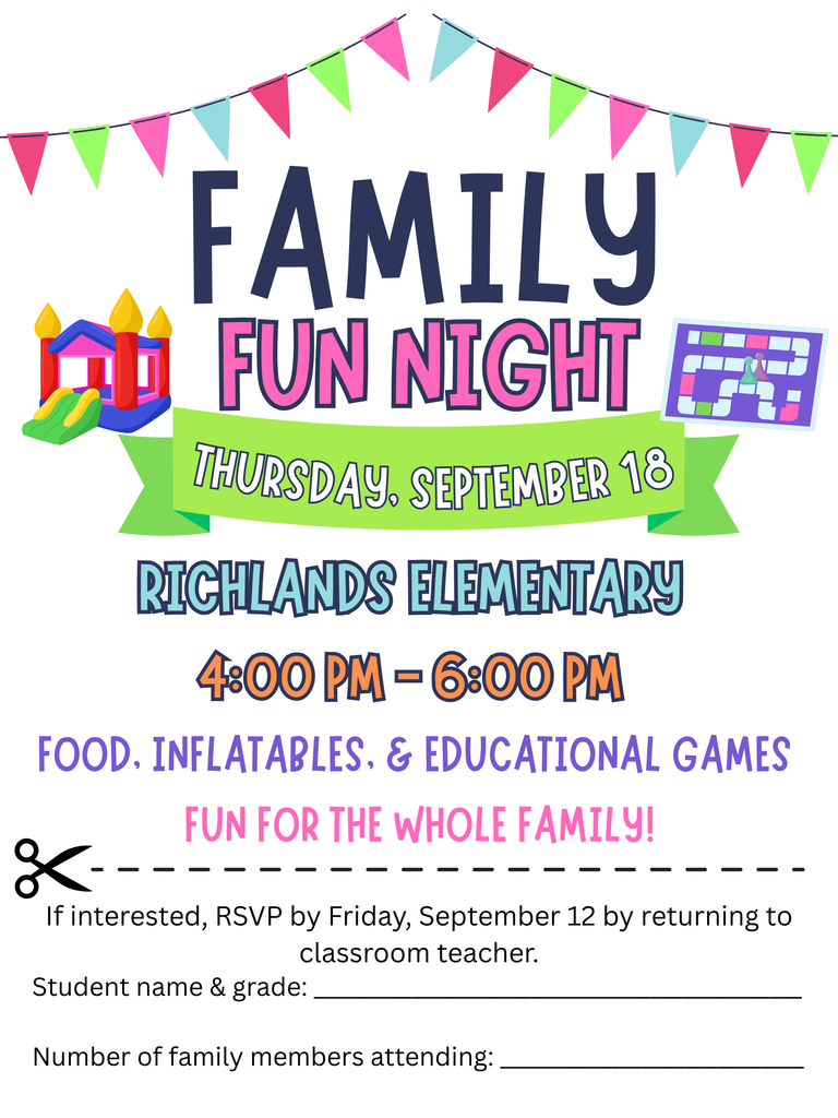 Family Engagement Meeting on Thursday, September 18 from 4:00 - 6:00.  There will be food, inflatables, and educational games.