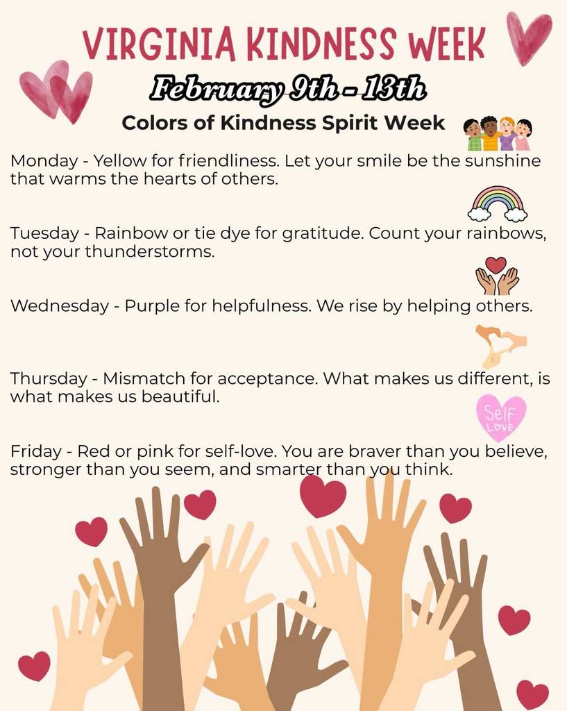 Next week is Kindness week! Here are the dress up themes for each day.