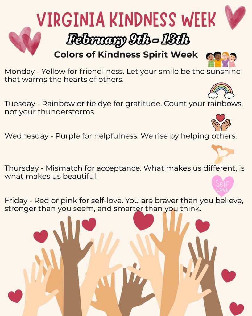 Virginia Kindness Week ( February 9-13, 2026) Colors of Kindness Spirit Week