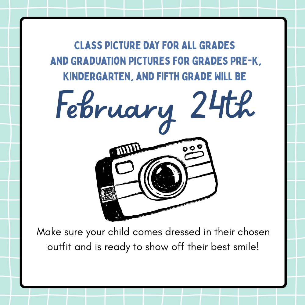 RES Class pictures for all grades and Graduation pictures for Pre-K, Kindergarten, and 5th grade will be Tuesday, February 24th. Information has been sent home with your child. If you need additional information, please contact your child's teacher. These pictures, class and graduation pictures will need to be pre-paid and returned in the designated envelopes.