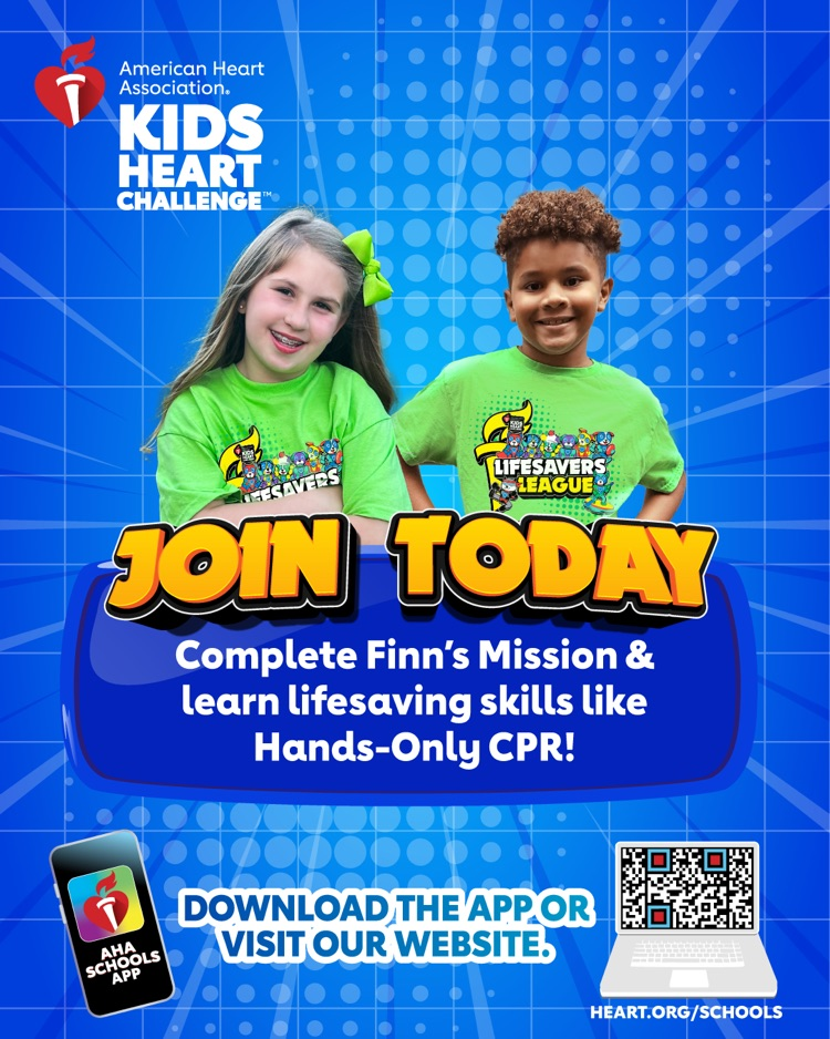 register your child for the Kids Heart Challenge by downloading the app or visiting the website HEART.ORG/SCHOOLS