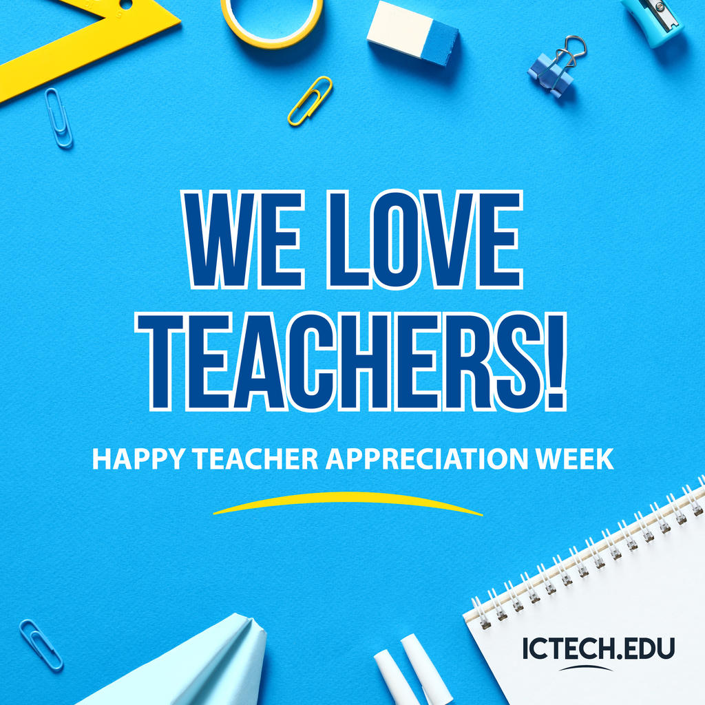 Blue background with classroom items. Text reads "WE LOVE TEACHERS! HAPPY TEACHER APPRECIATION WEEK" and logo.