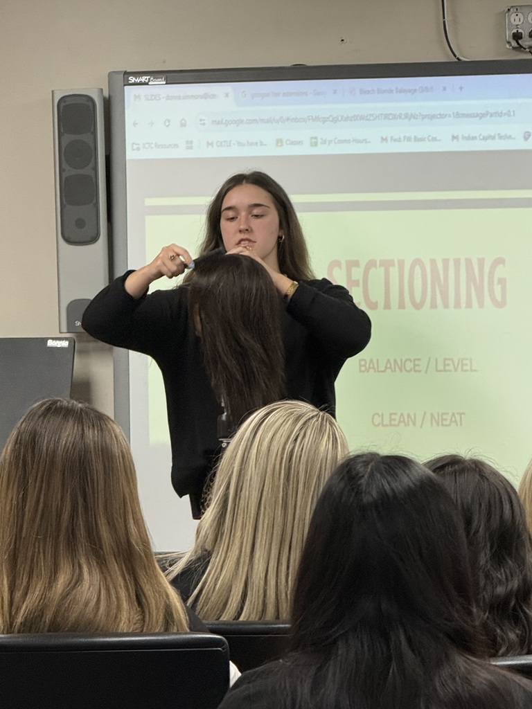 Woman in black standing and styling hair in front of a projector screen with "Sectioning" written on it.