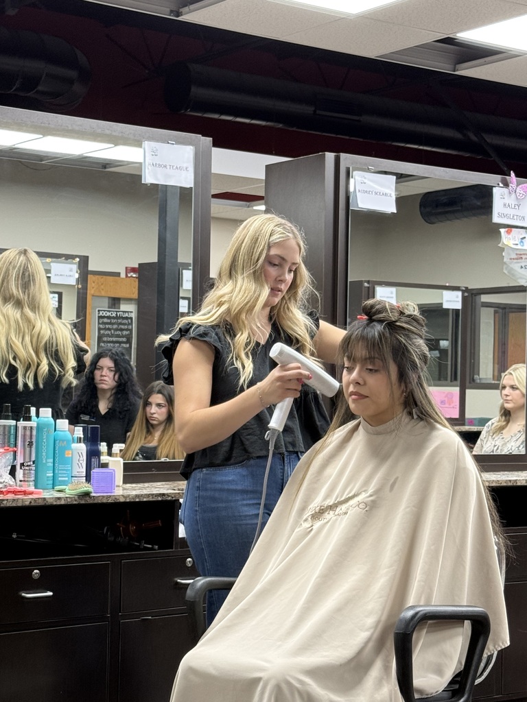 A person in a salon chair gets their hair styled by a woman with a hair dryer.