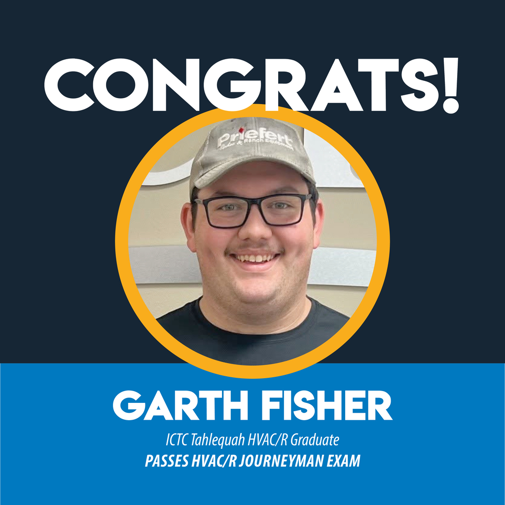 Garth Fisher, wearing glasses and a cap, smiles in a blue background. "CONGRATS!" reads the top text. Below, "GARTH FISHER" and "ITC Tablevevah HVAC Graduate" are displayed.