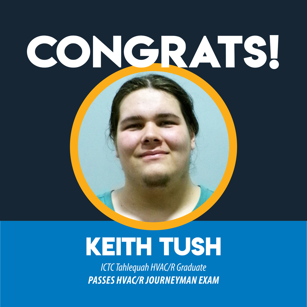 A blue and black background with "CONGRATS!" text. A circular photo shows a person smiling. Below, "KEITH TUSH" and "ITC Tableveh HVAC Graduate" text.