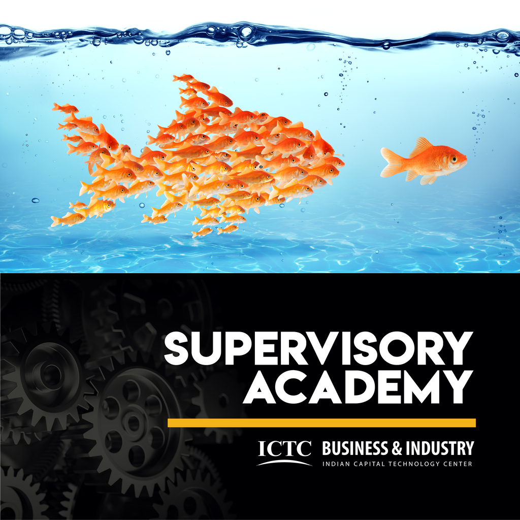 Large school of orange fish with one smaller fish. "SUPERVISORY ACADEMY" in white text. Gear icons and ICTC logo below.