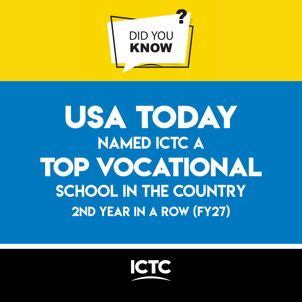 Bright blue and yellow background with white text. Text reads "Did you know? USA Today named ICTC a top vocational school."