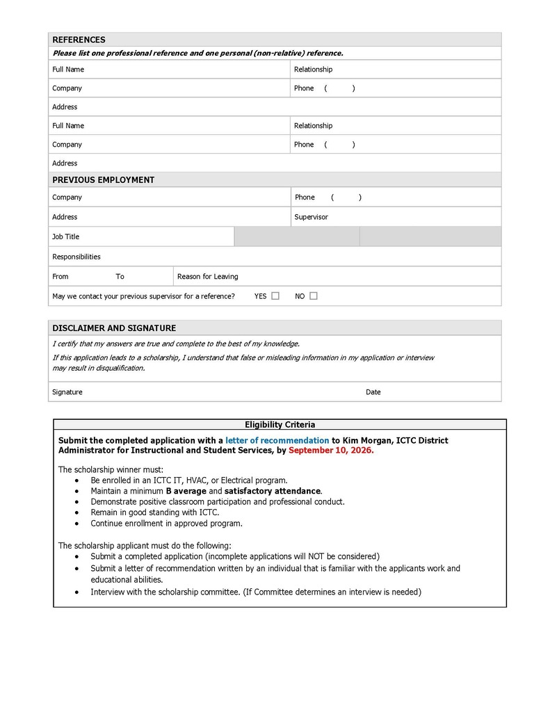 A form for references, employment, and disclosure. It includes sections for personal and professional information.