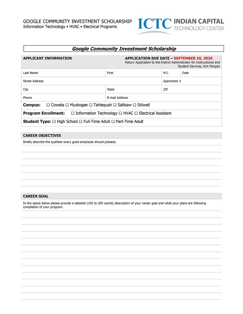 A document page with text in the top left corner, bold headings, and form fields for an application.