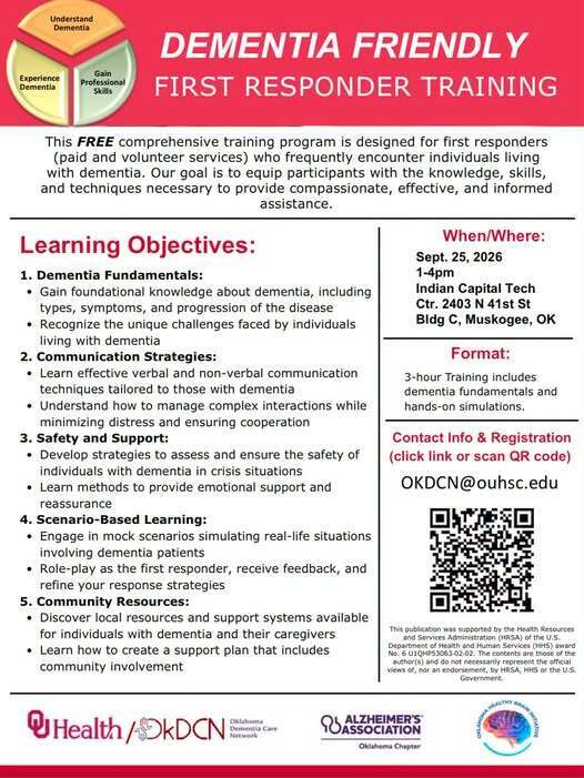 An informational flyer for Dementia Friendly First Responder Training. It covers topics like learning dementia fundamentals, communication strategies, safety, and scenario-based learning.