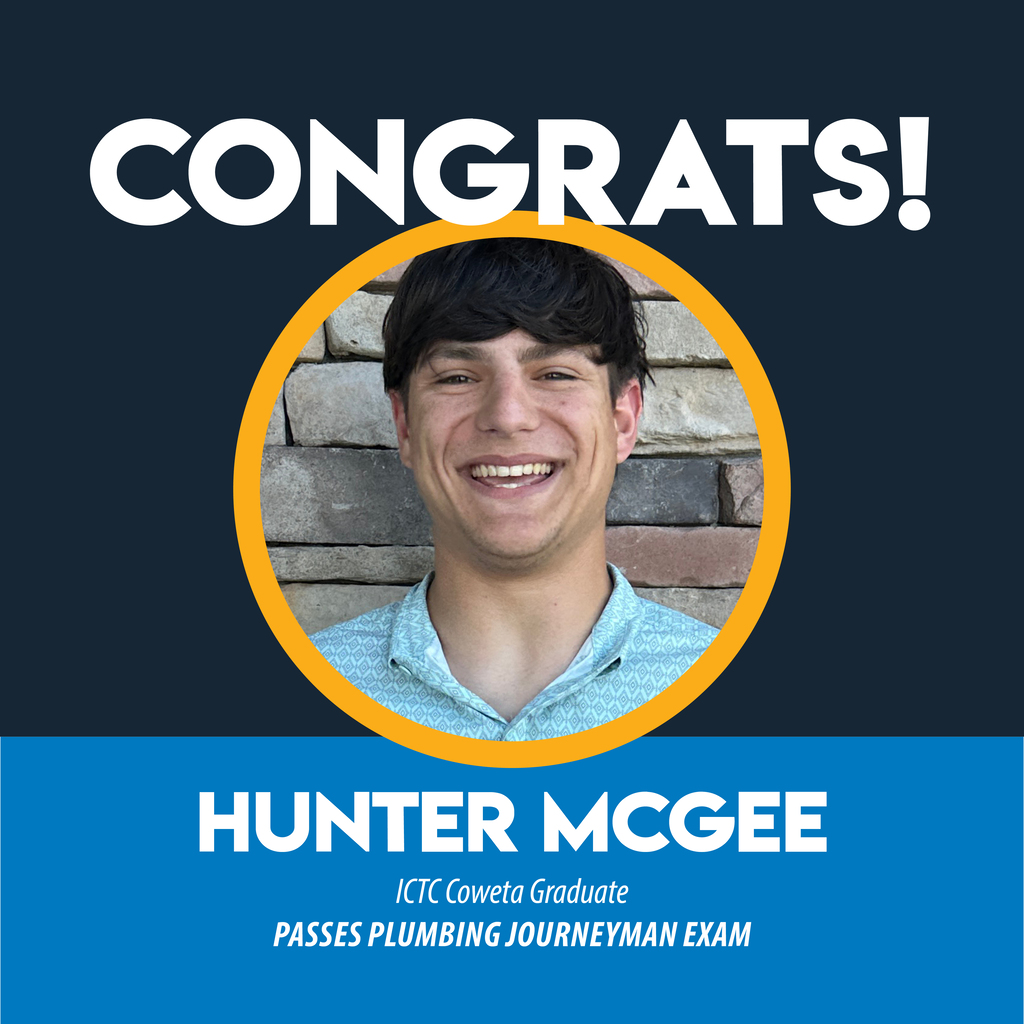 A smiling man in a blue shirt against a brick background. Text reads: "CONGRATS! HUNTER MCGEE, ITC Covita Graduate, PASSES PLUMBING JOURNEYMAN EXAM".