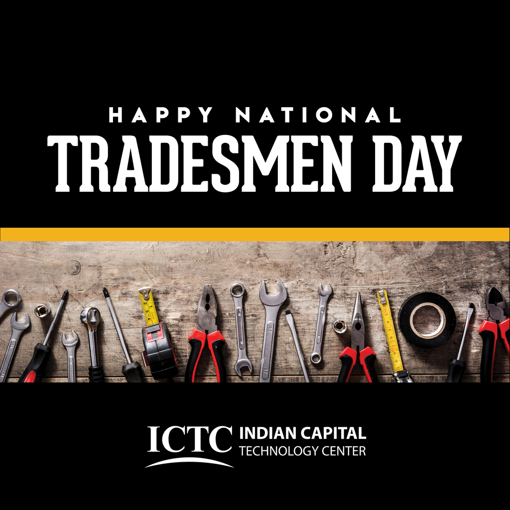 A banner with "HAPPY NATIONAL TRADESMEN DAY" and "ICTC INDIAN CAPITAL TECHNOLOGY CENTER". Various tools are on a wooden surface.