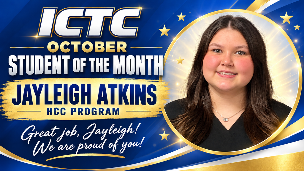 An announcement highlights Jayleigh Atkins as October's student of the month, featuring her photo with a blue and gold background.