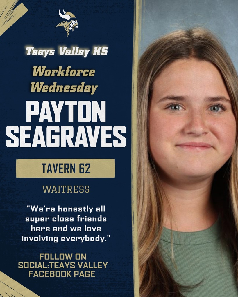 A smiling person with blonde hair and a green shirt on a blue background. The text reads "Payton Seagraves Waitress Tavern 62".