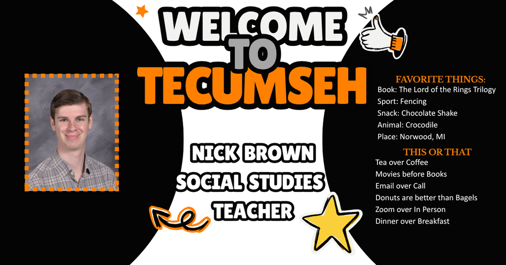 🎉WELCOME WEDNESDAY🎉 Please welcome Nicholas Brown, Social Studies Teacher at Tecumseh High School! Let’s get to know Mr. Brown better: 👨🏫You may have seen him at the high school before. Mr. Brown has been a reliable, consistent district sub for a couple of years. ⚓Nick prefers movies over books, and his favorite is Pirates of the Caribbean: Argh Matey! Welcome, Nick! #onetribe