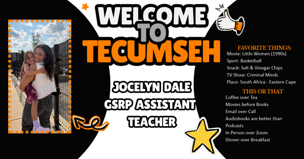🌟 Welcome Wednesday! 🌟 Help us welcome Jocelyn Dale, GSRP Assistant Teacher, to the Tecumseh tribe! 🍎 Jocelyn brings several years of experience working with children, including as a lead preschool teacher and nanny. Outside the classroom, she’s a proud mom, loves traveling, sings on her church’s worship team, and even does professional modeling! 🎶✈️👠 One of Jocelyn’s favorite childhood first day memories is when another classmate comforted her on her first day of school telling her, “Hi I’m Cami. I cried my first day too. It gets better. Want to come play with me?” Nearly 20 years later, Ms. Dale hopes to be that same beacon of light for every child she meets, helping them feel safe, loved, and welcome. ❤️ Welcome, Jocelyn! 🎉